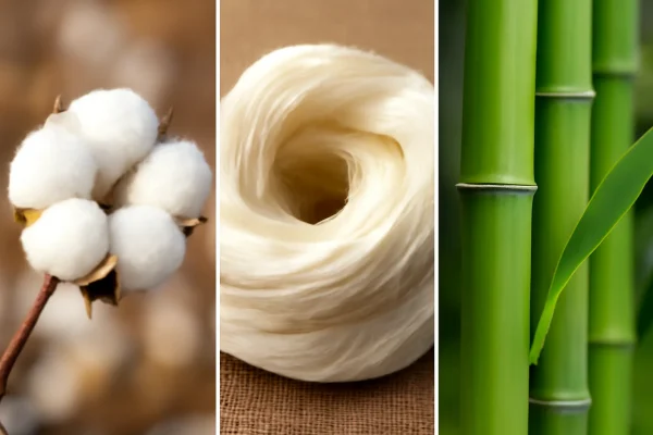 مقایسه سه الیاف پنبه، ویسکوز و بامبو با برچسب‌های هرکدام بر روی سطح چوبی.